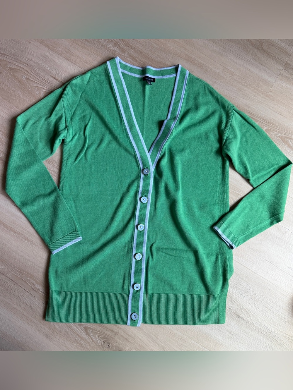 Talbots Green V-Neck Button Cardigan with White Trim size XS